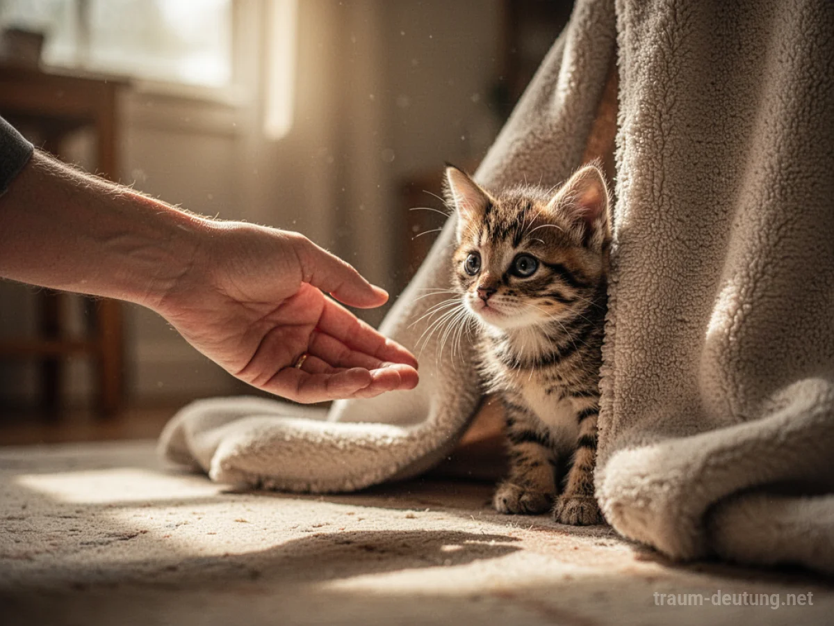 Hand streckt sich nach einer kleinen Katze aus, die hinter einer Decke hervorlugt.