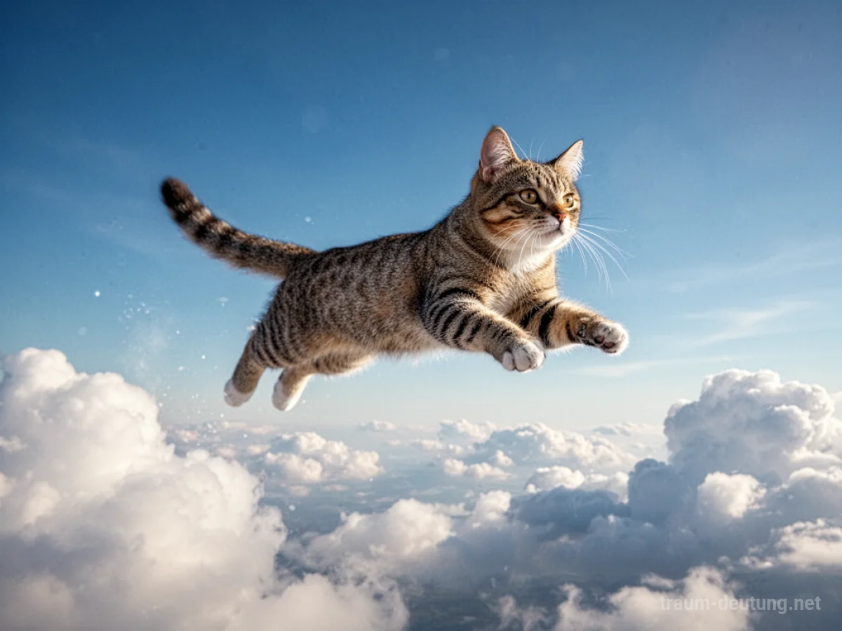 Eine Katze fliegt majestätisch durch den blauen Himmel.