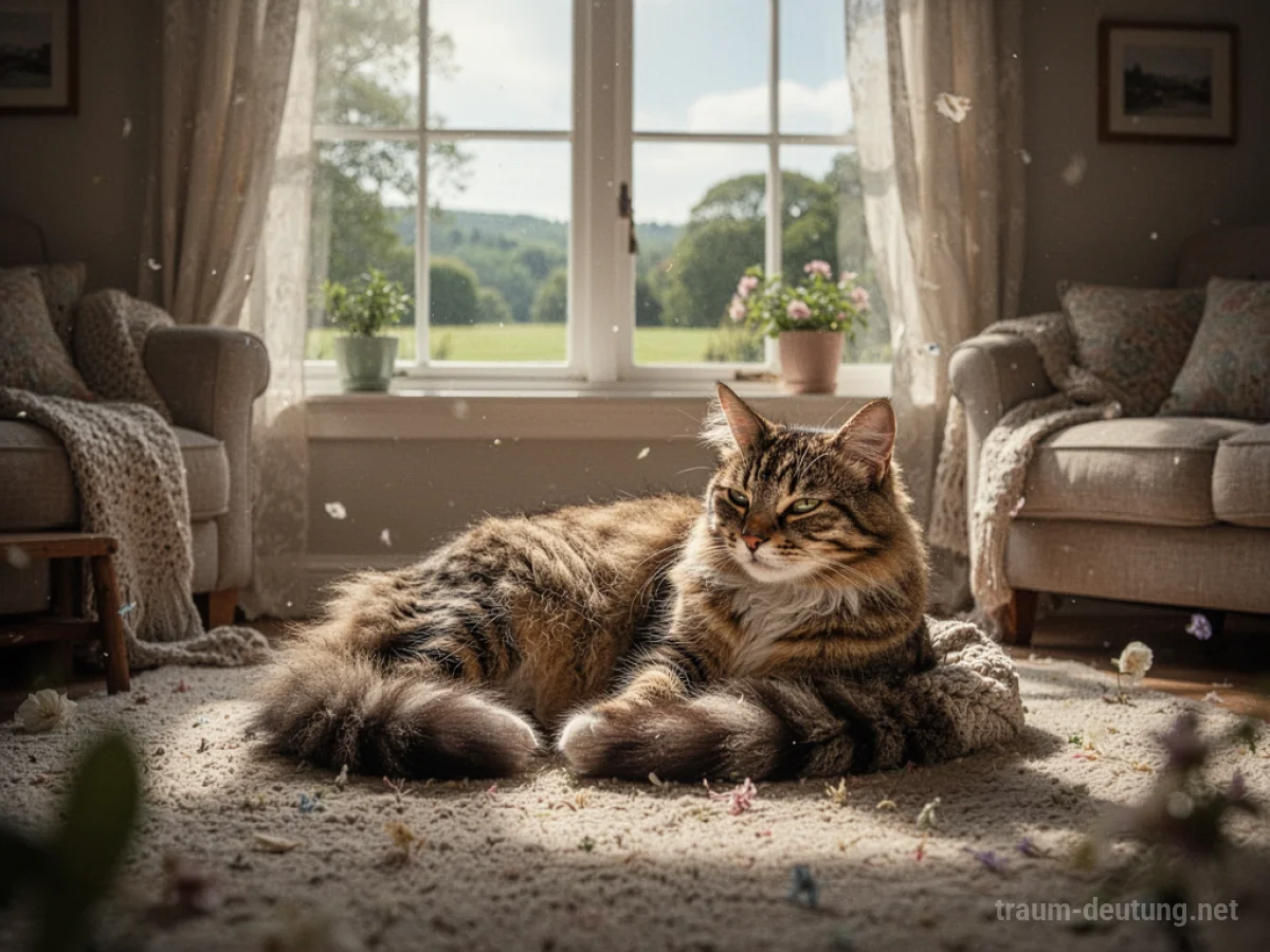 Eine Katze liegt entspannt in einem hellen Wohnzimmer.
