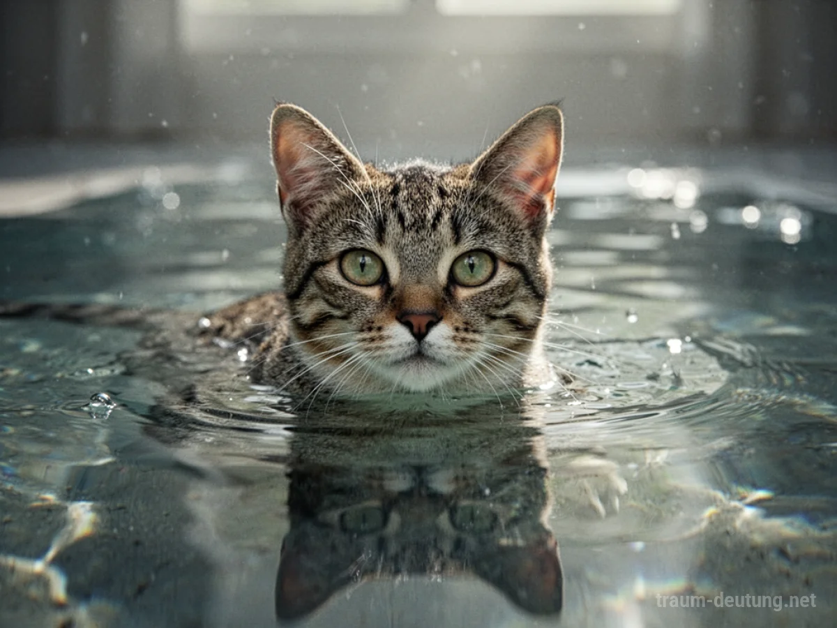Katze sitzt im Wasser und blickt ruhig nach vorn.
