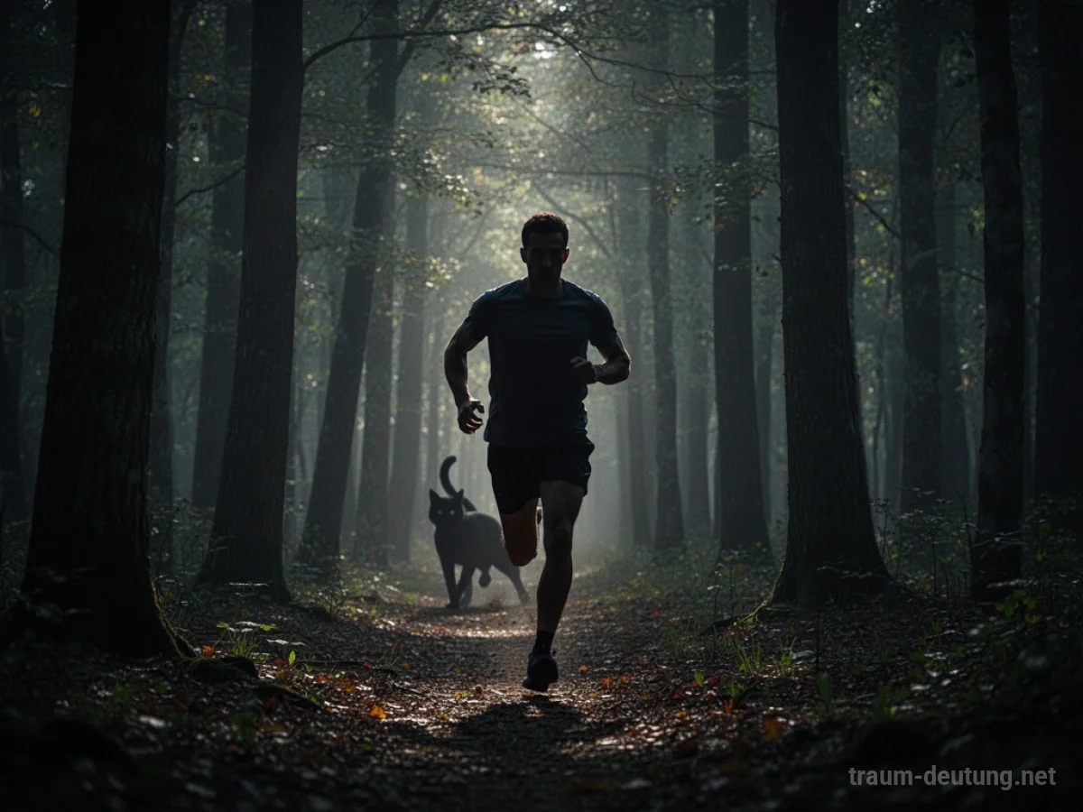 Schattenhafte Katze wird von einer Person durch einen dunklen Wald verfolgt