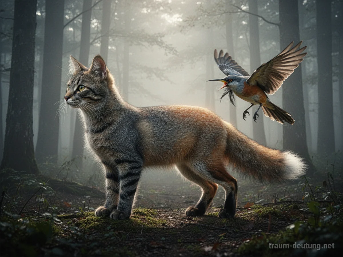 Katze, die sich in ein anderes Tier verwandelt, vor einem nebligen Wald.