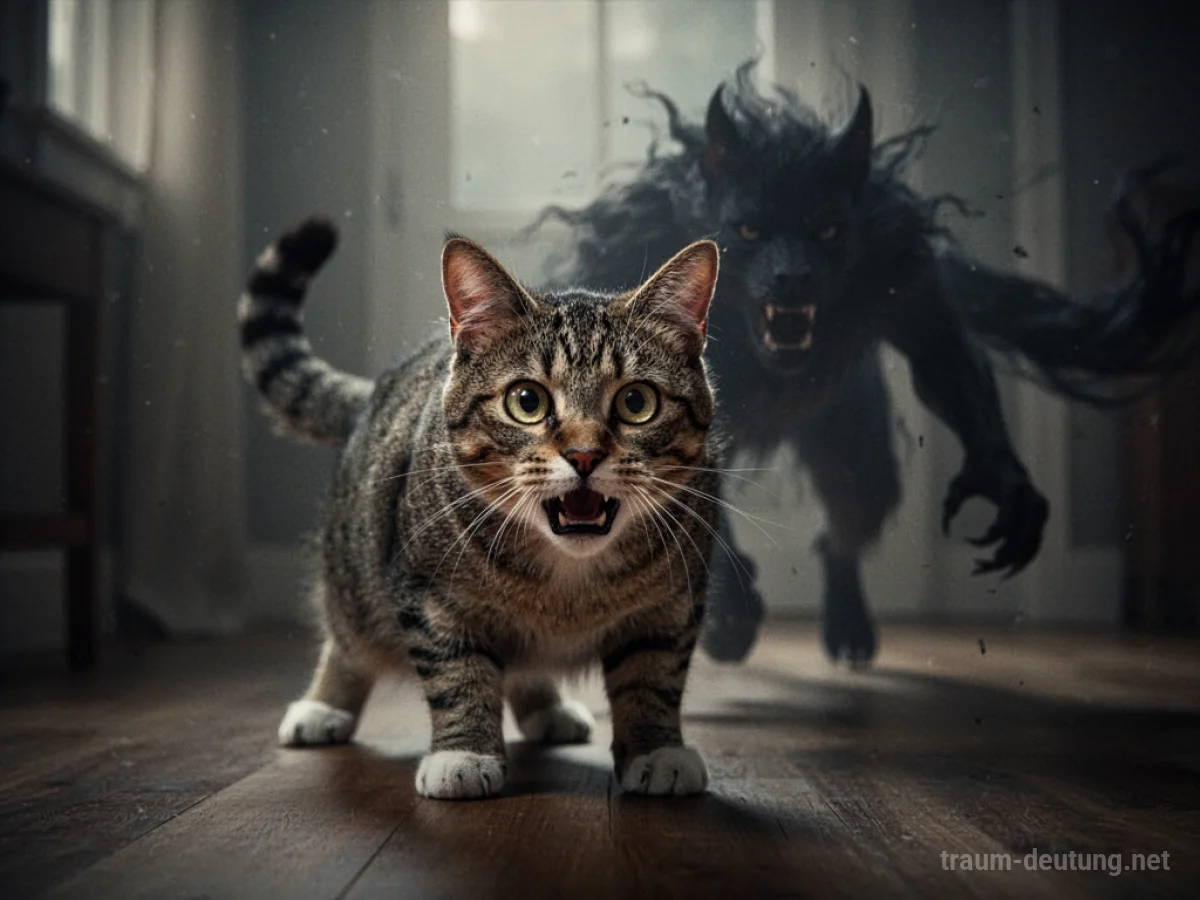 Eine verängstigte Katze wird von einer dunklen Silhouette bedroht