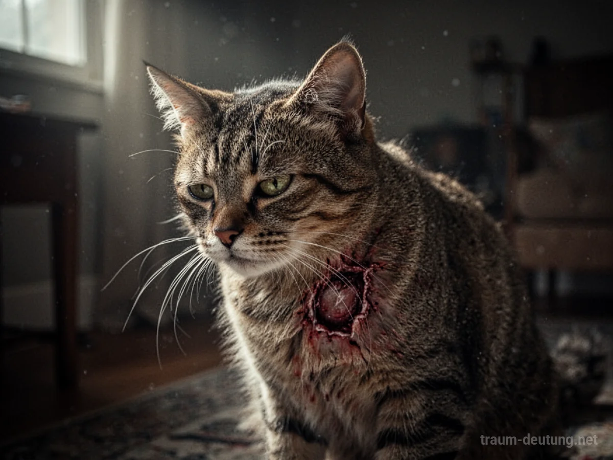 Eine Katze mit Bisswunde am Fell, sitzt in einem dunklen Raum.