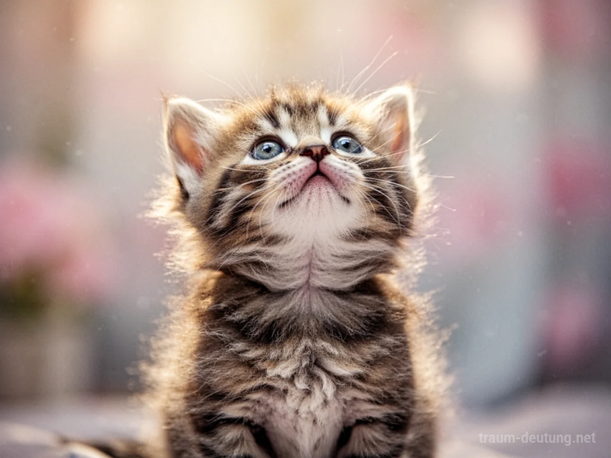 Ein kleines, flauschiges Katzenbaby schaut neugierig nach oben.