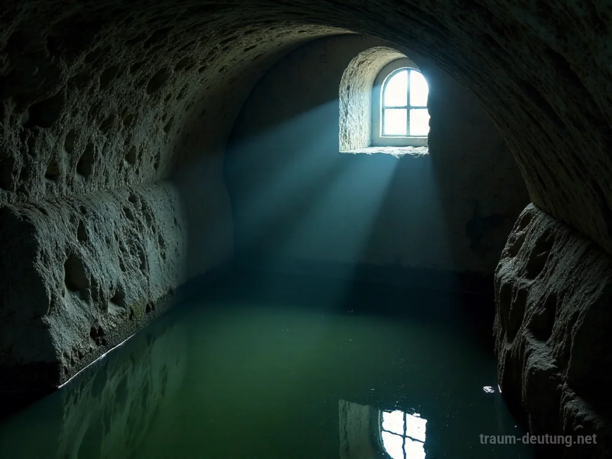 Ein dunkler Keller ist bis zur Decke mit trübem Wasser gefüllt.