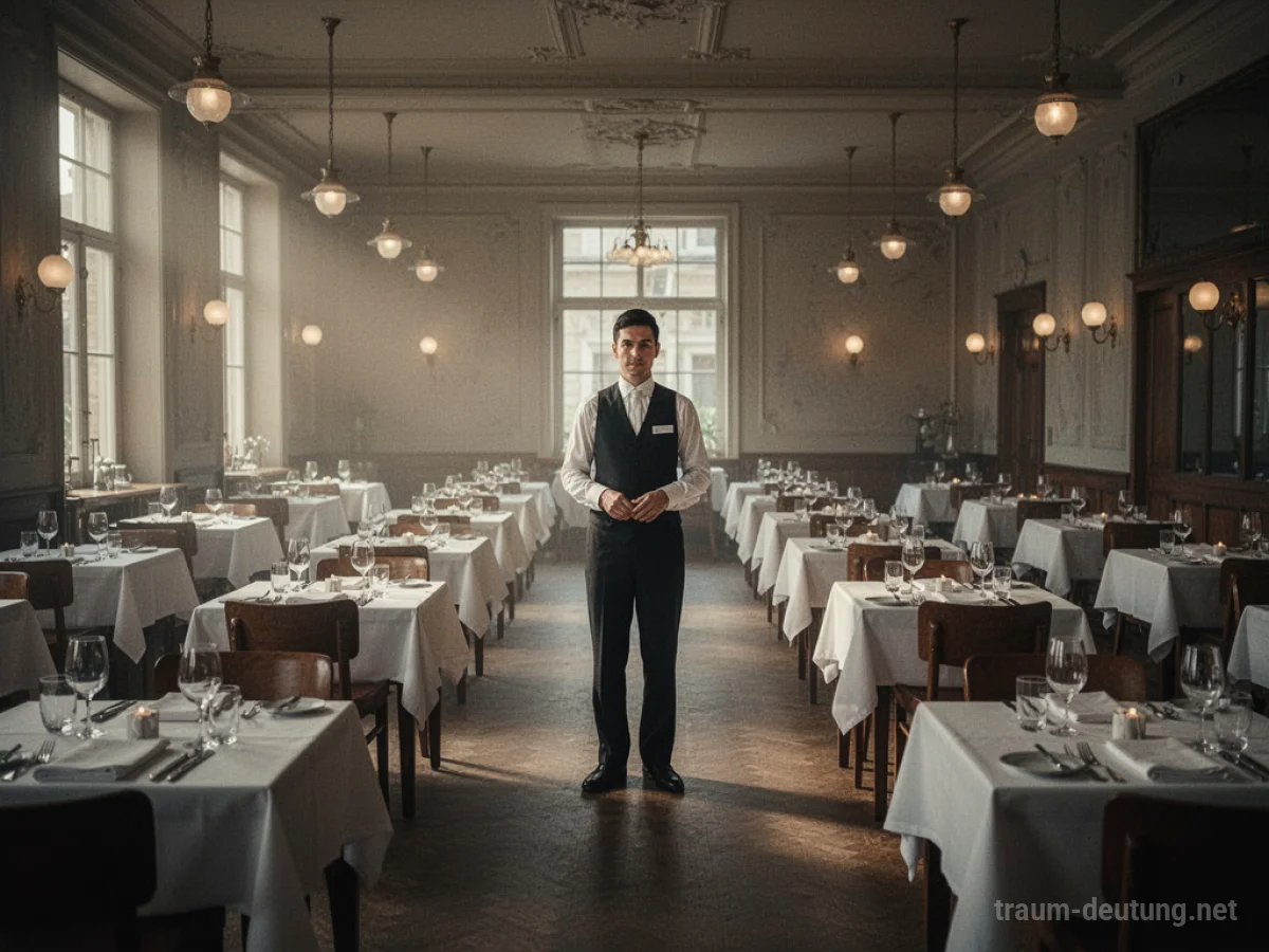 Kellner steht allein in einem leeren Restaurant mit gedeckten Tischen