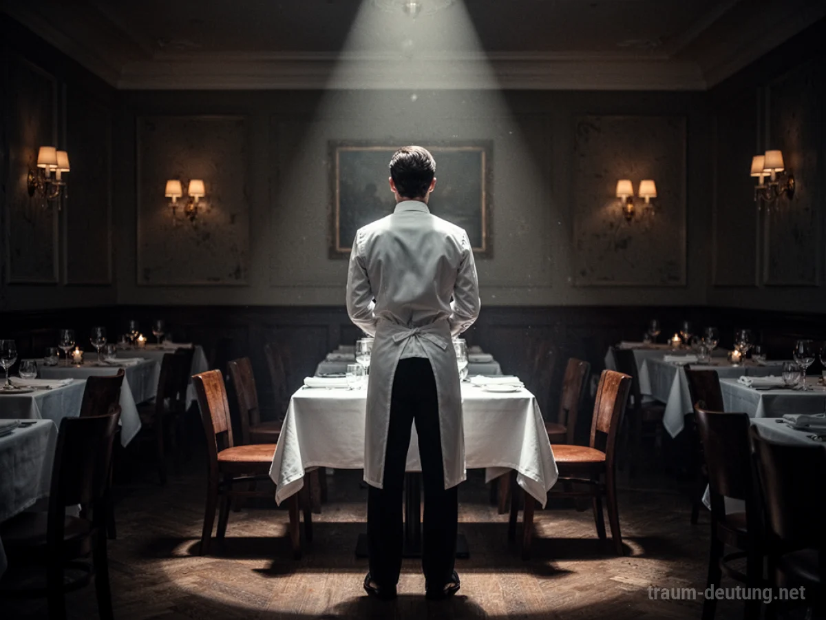 Kellner in Uniform steht vor einem leeren Tisch in einem Restaurant.