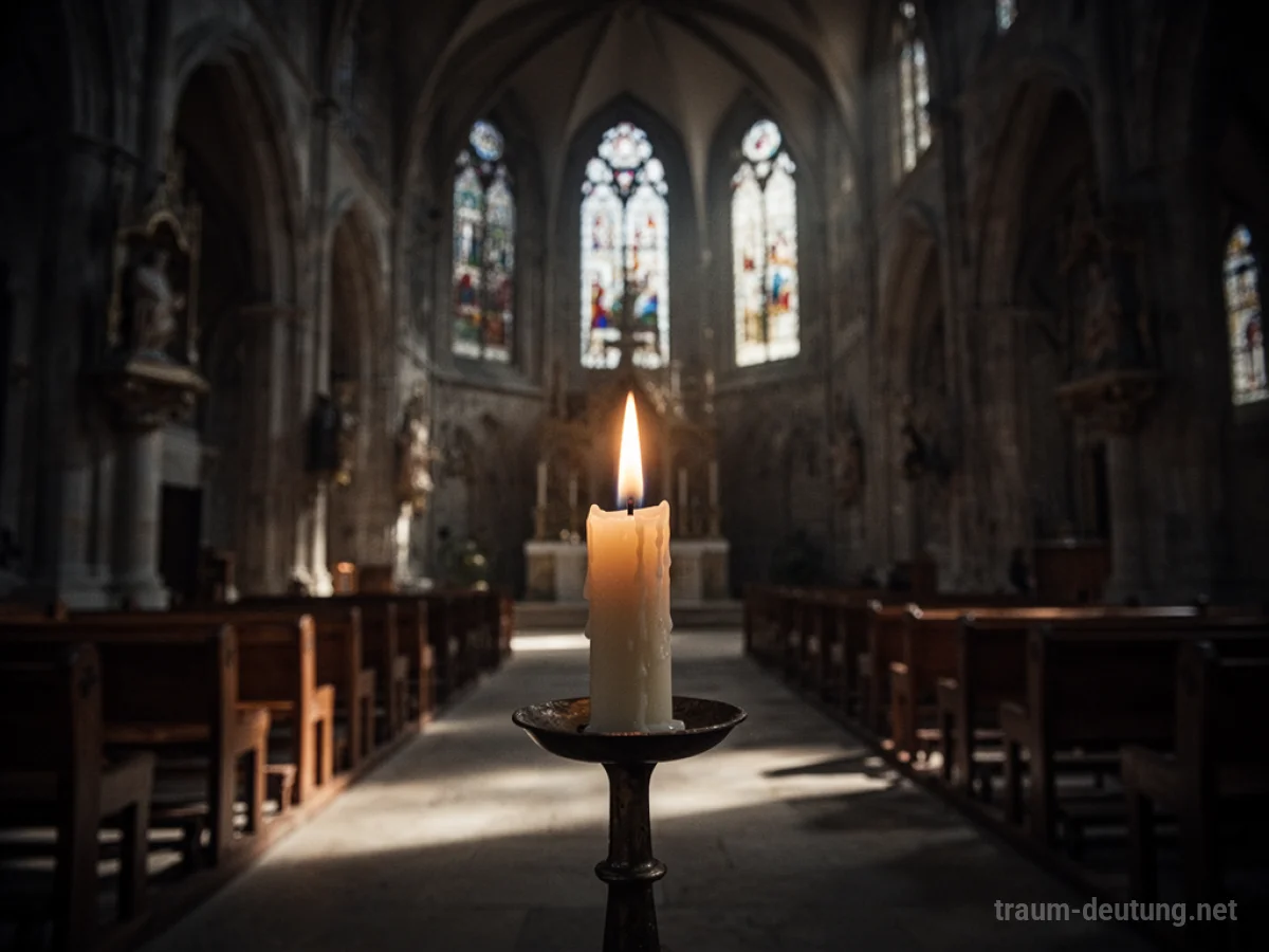 Eine brennende Kerze in einer dunklen Kirche, deren Licht die Umgebung erhellt.