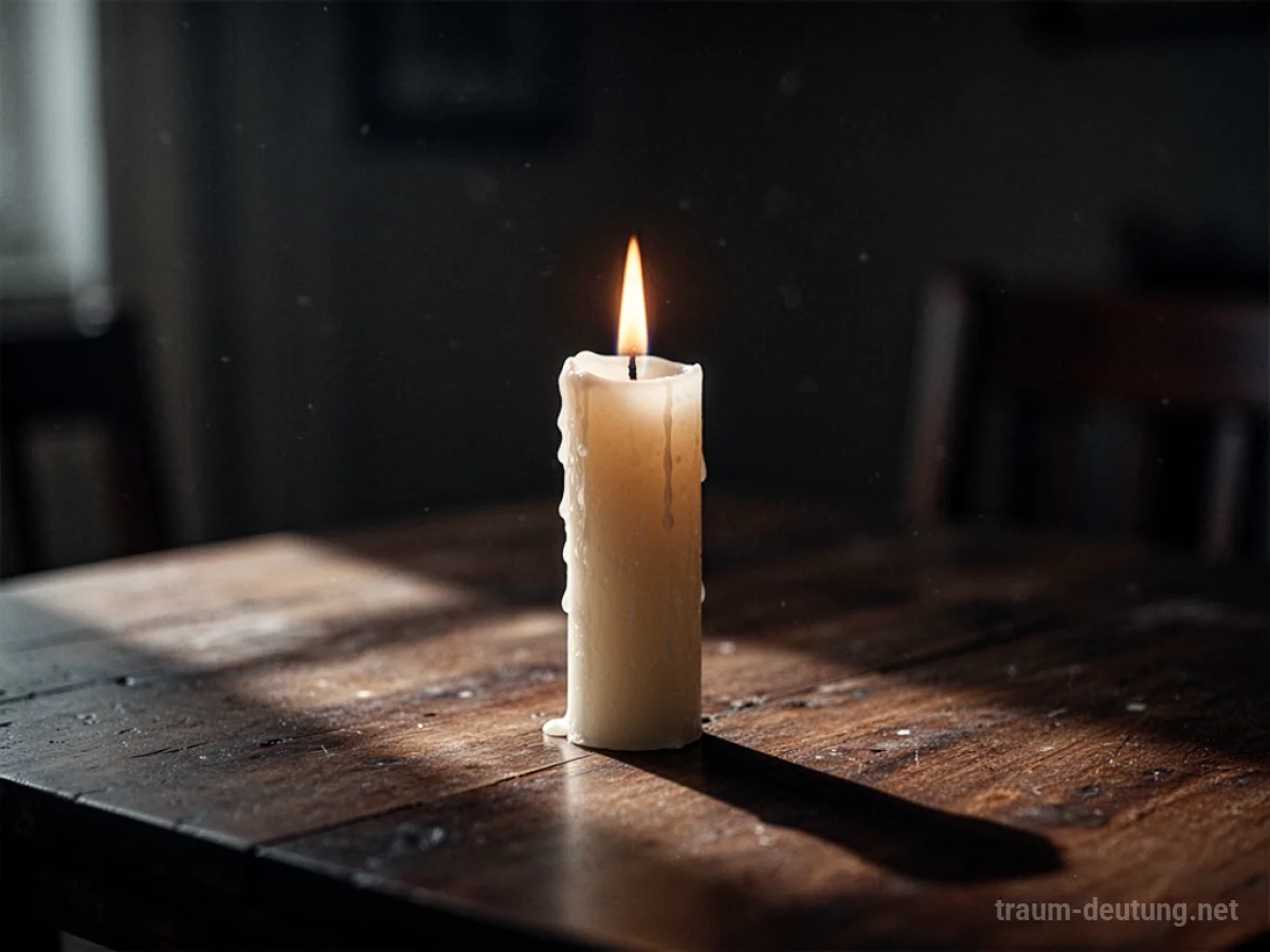 Eine Kerze ohne Flamme auf einem dunklen Tisch