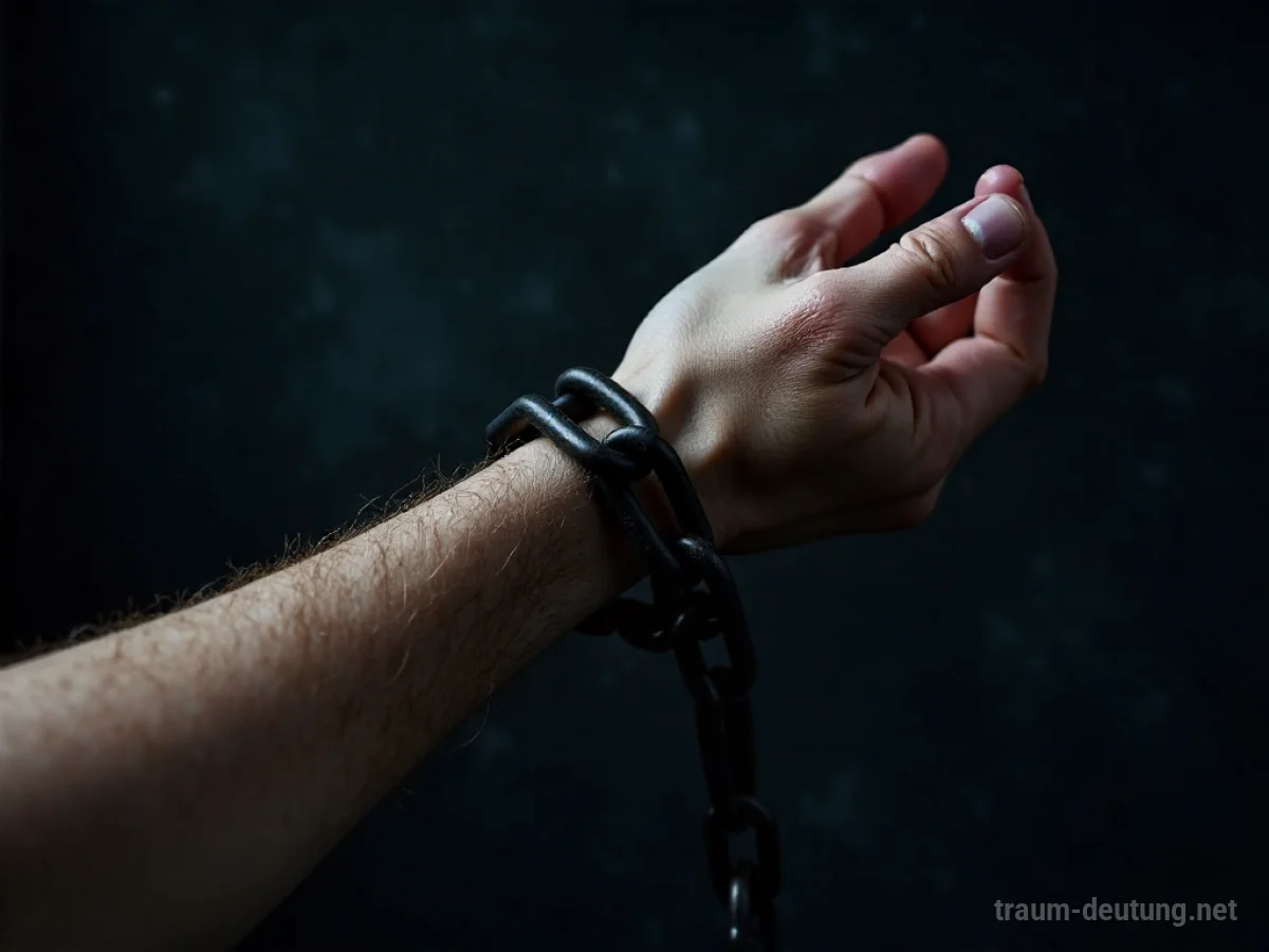 Eine schwere Kette fesselt ein Handgelenk in dunkler Umgebung.