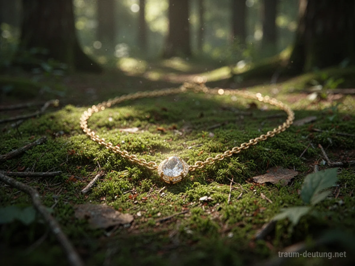 Goldene Kette liegt auf moosigem Waldboden im Sonnenlicht