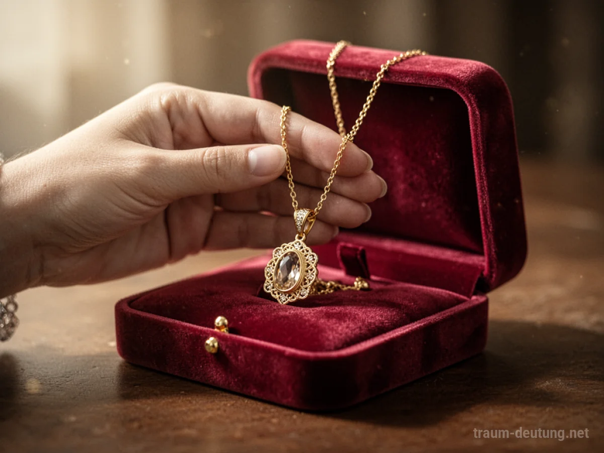 Hand hält eine goldene Kette mit Anhänger über einer Schmuckschatulle.