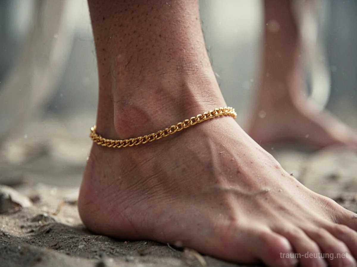 Eine zarte goldene Kette um einen Fußknöchel im Traum.