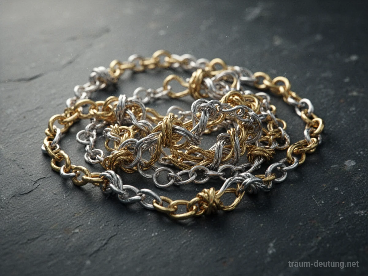 Eine verhedderte Kette aus Gold und Silber liegt auf dunklem Untergrund.