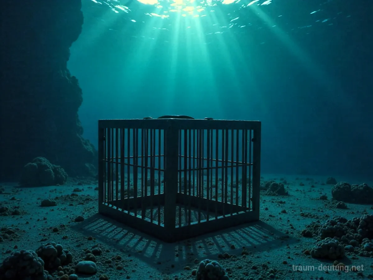 Ein Käfig unter Wasser, von oben beleuchtet.