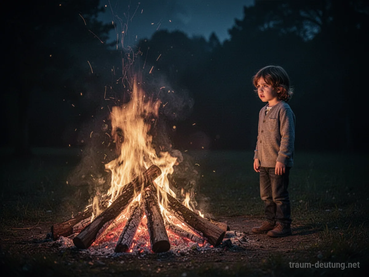 Kind beobachtet ein brennendes Feuer in der Nacht