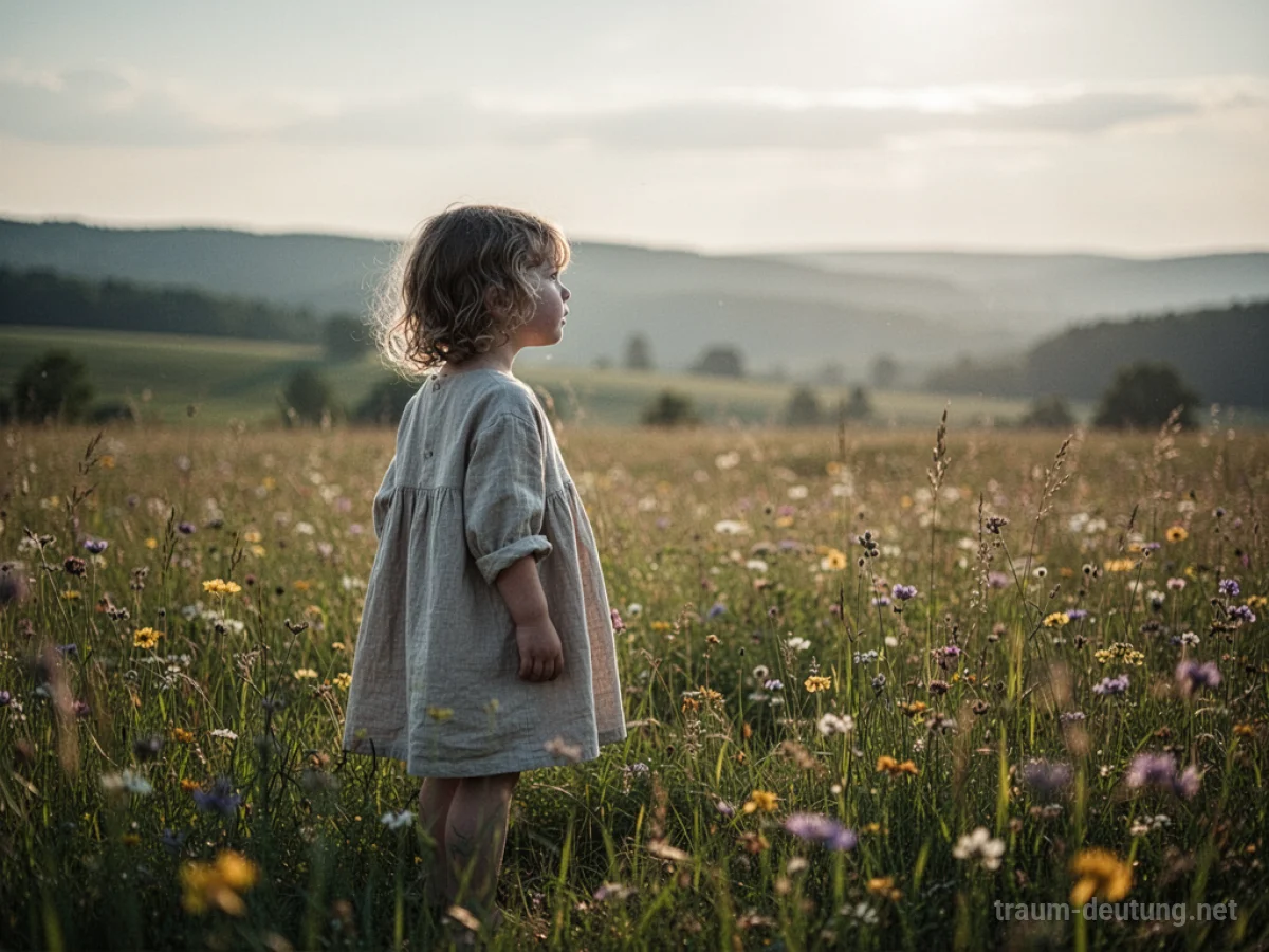 Kind in einem Kleid steht in einer sonnigen Wiese und blickt in die Ferne.