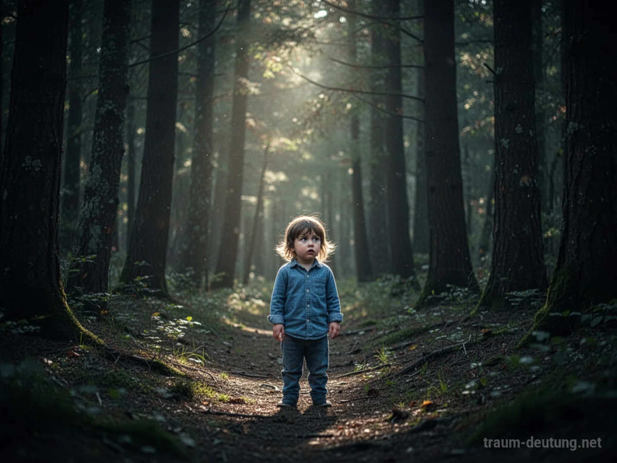 Kind steht allein im dichten Wald und blickt sich suchend um.