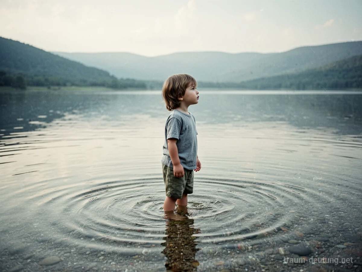 Kind steht im klaren Wasser und blickt ruhig nach vorn.