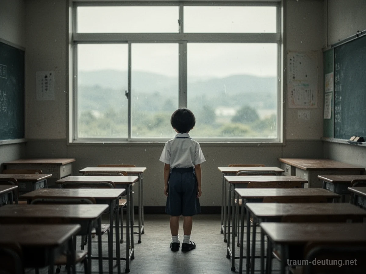 Kind in Schuluniform steht allein in einem leeren Klassenzimmer und blickt aus dem Fenster.