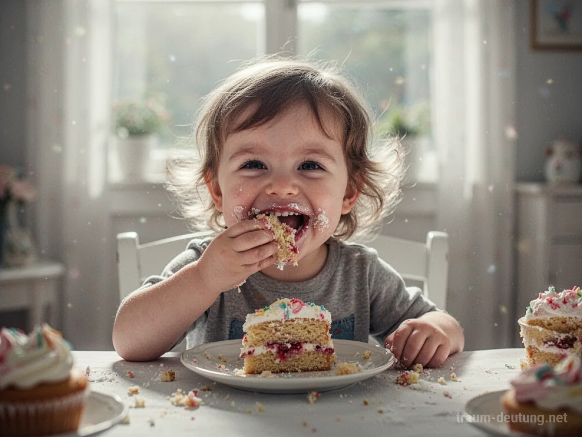 Ein kleines Kind isst genussvoll ein Stück Kuchen.