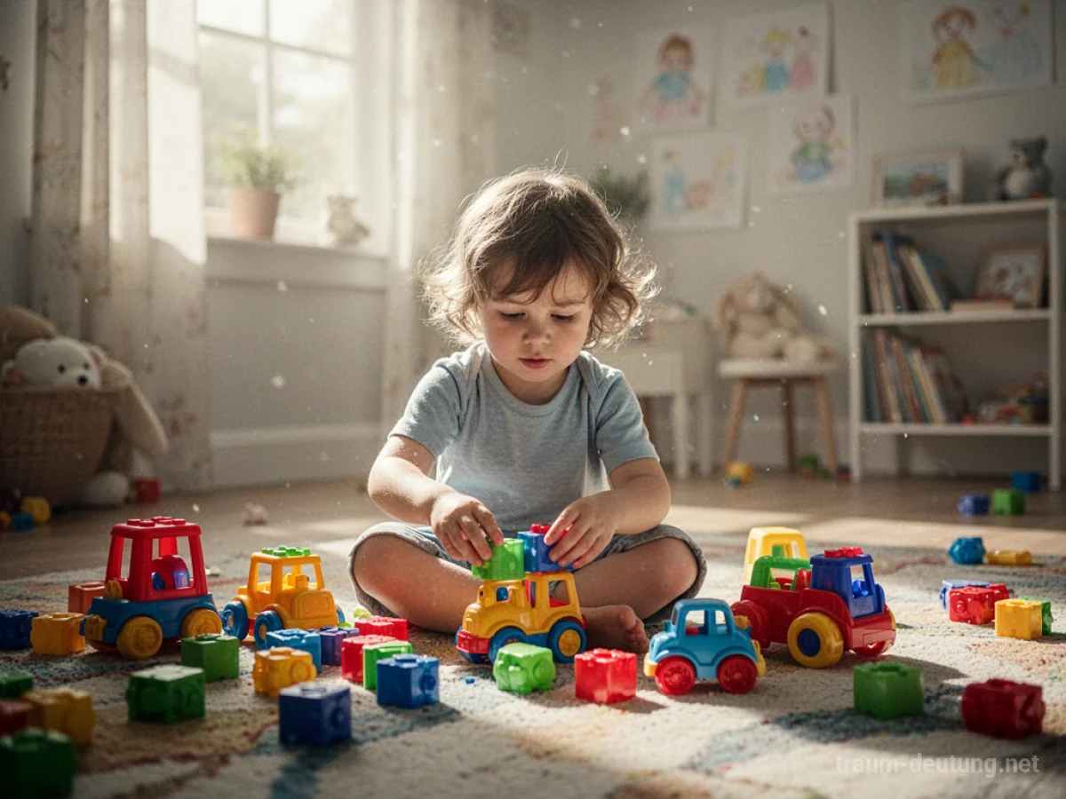 Ein Kind spielt fröhlich mit bunten Spielsachen in einem hellen Raum.
