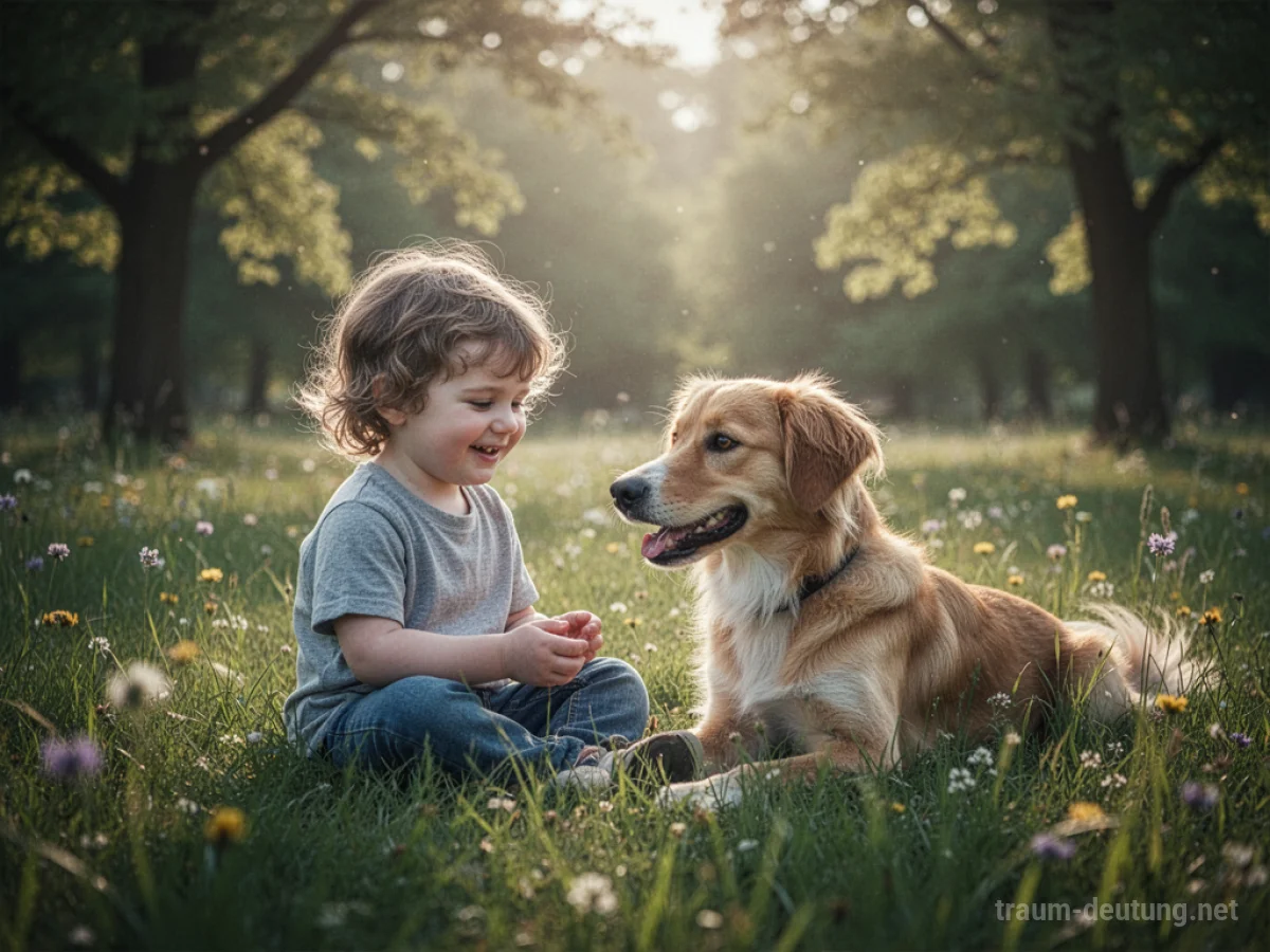 Ein Kind sitzt im Gras und spielt freundlich mit einem Hund.