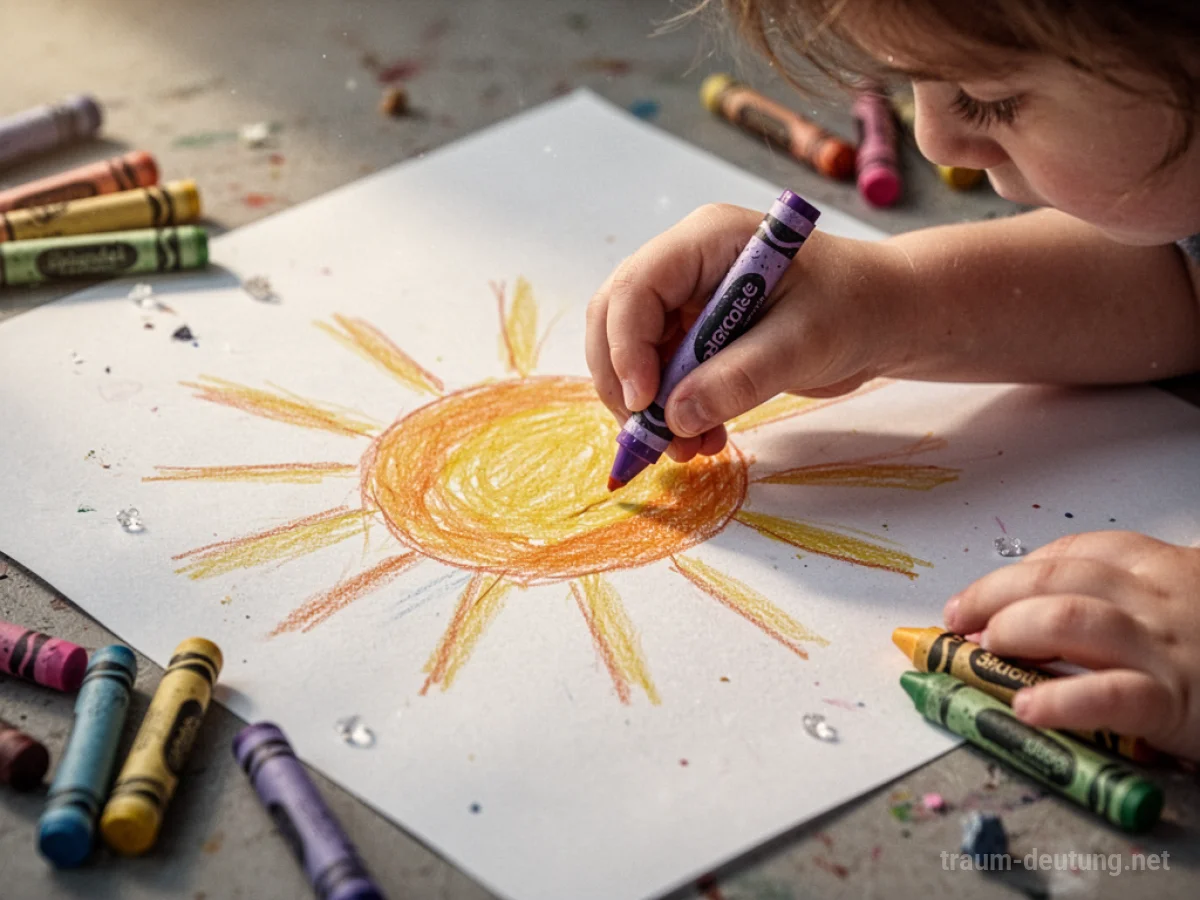 Kinderhand malt eine Sonne auf Papier mit Buntstiften.