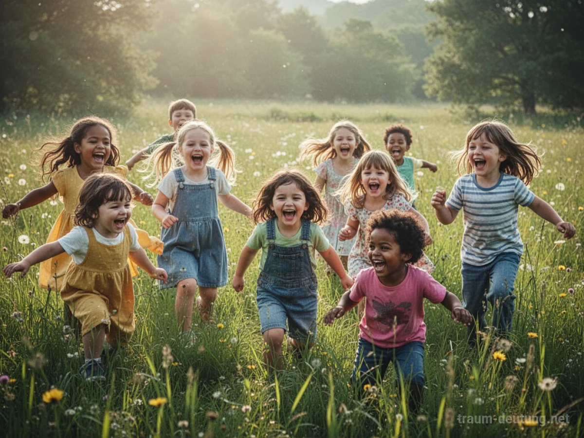 Fröhliche Kinder spielen lachend auf einer sonnigen Wiese