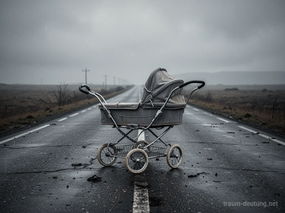 Ein Kinderwagen steht verlassen auf einer Straße.