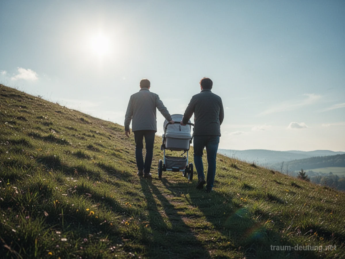 Eine Person schiebt einen Kinderwagen einen steilen Hügel hinauf.