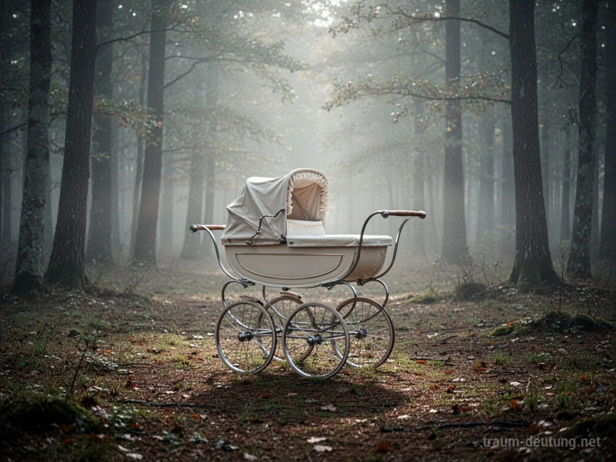 Ein Kinderwagen erscheint unerwartet in einer nebligen Waldlichtung.