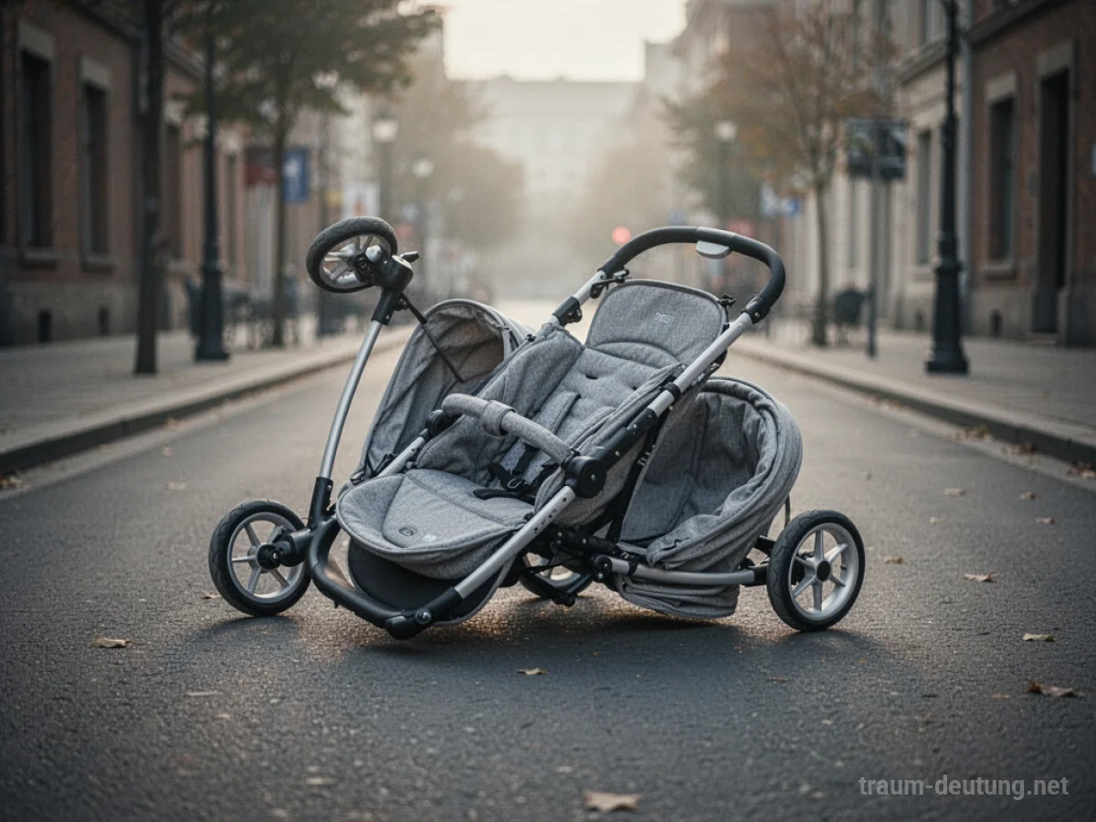 Umgefallener Kinderwagen auf einer leeren Straße.