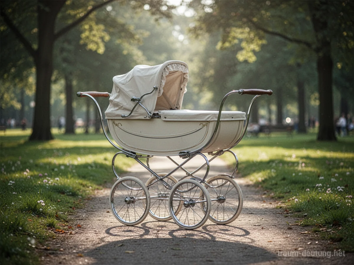 Ein alter Kinderwagen steht auf einem sonnenbeschienenen Weg im Park.