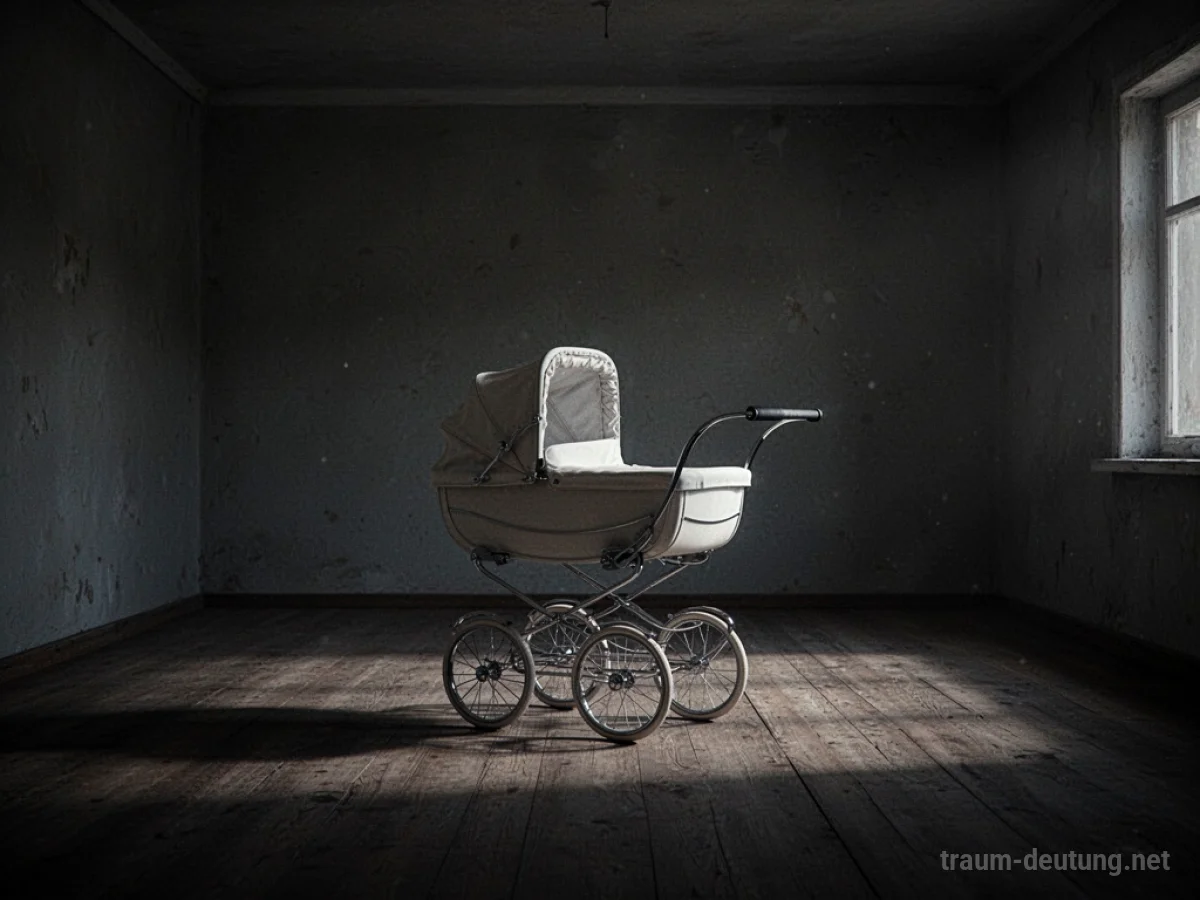 Ein leerer Kinderwagen steht in einem dunklen, schattigen Raum.