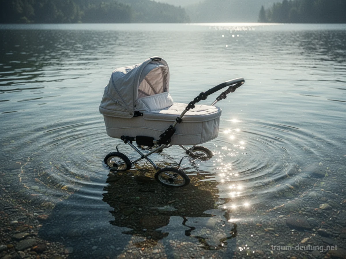 Ein Kinderwagen ragt aus ruhigem Wasser, leicht unter der Oberfläche