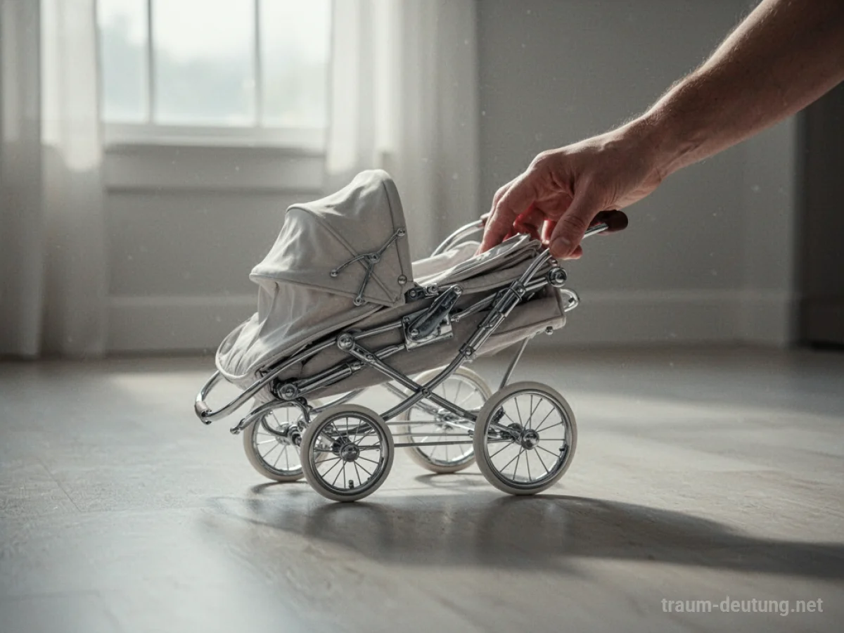 Zusammengeklappter Kinderwagen auf hellem Boden, sanftes Licht.