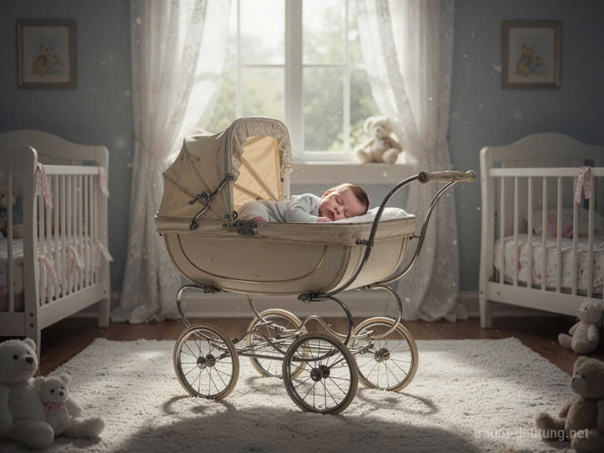 Ein Kinderwagen mit einem Baby darin steht in einem hellen Raum.