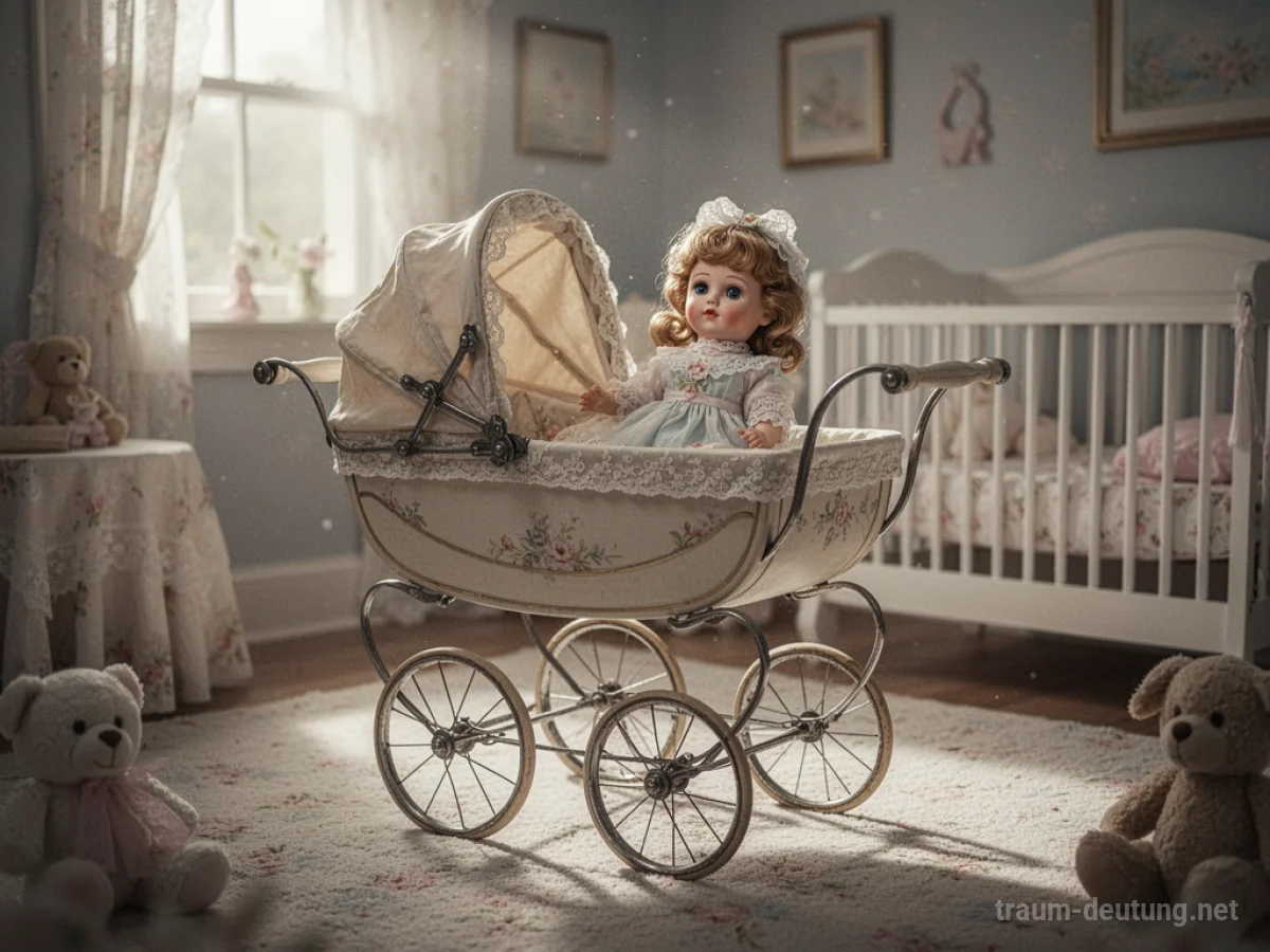 Ein alter Kinderwagen mit einer Puppe darin steht in einem sonnigen Raum.