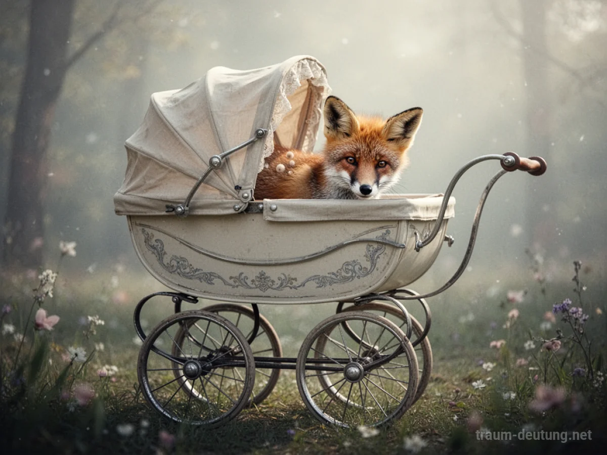 Kinderwagen mit einem Tier darin, symbolisch für Fürsorge und Instinkte im Traum.