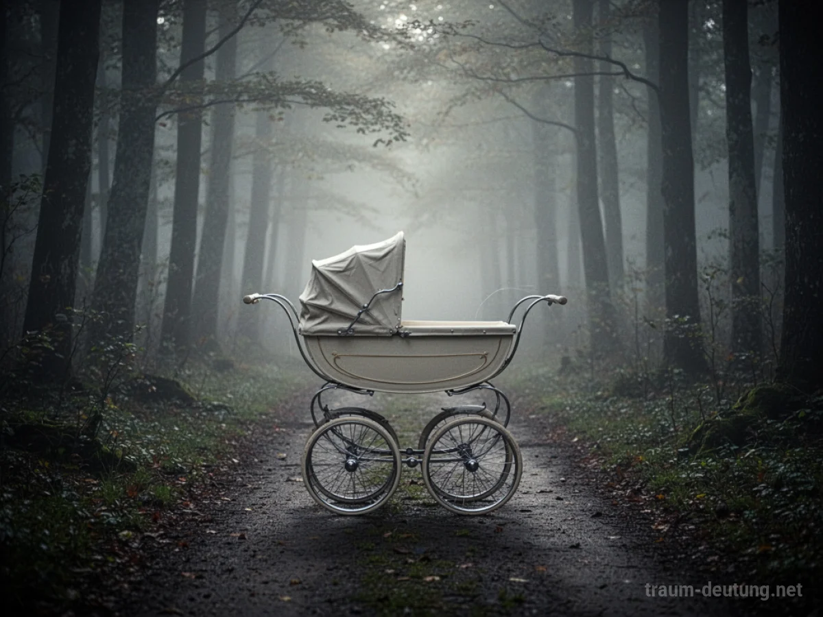 Ein leerer Kinderwagen steht auf einem nebligen Pfad im Wald.