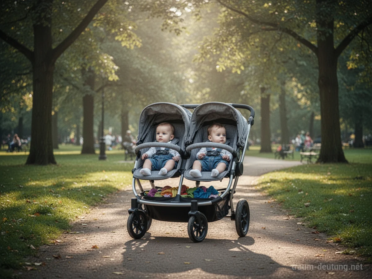 Doppelter Kinderwagen mit zwei Babys in einem Park.