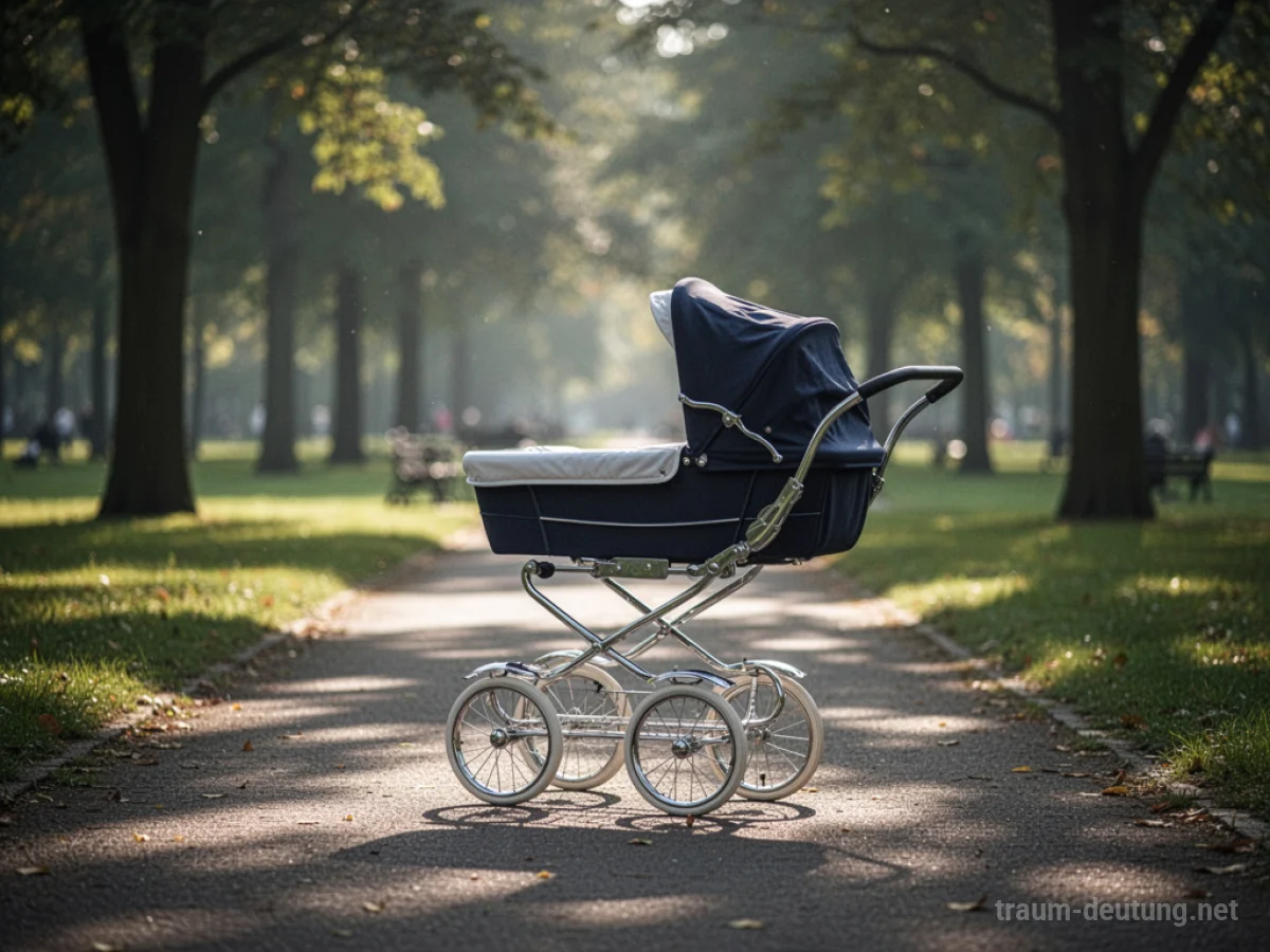 Ein leerer Kinderwagen steht allein auf einem Parkweg.