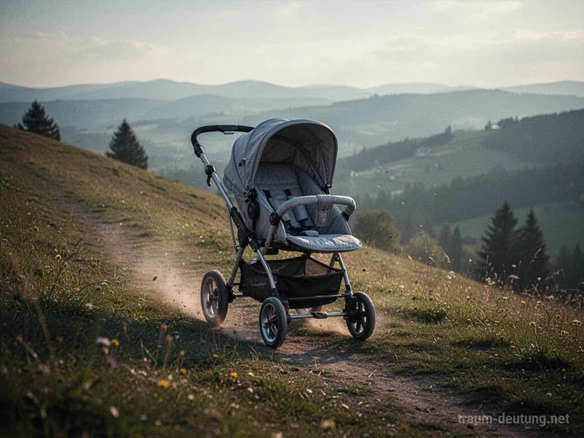 Ein leerer Kinderwagen rollt einen Hügel hinunter.