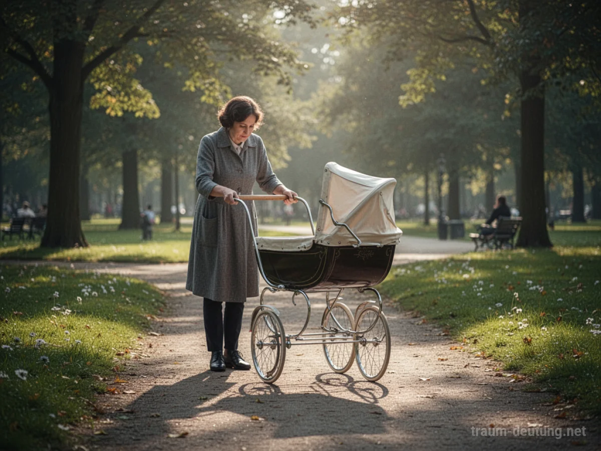 Eine Person schiebt einen leeren Kinderwagen auf einem sonnigen Parkweg.