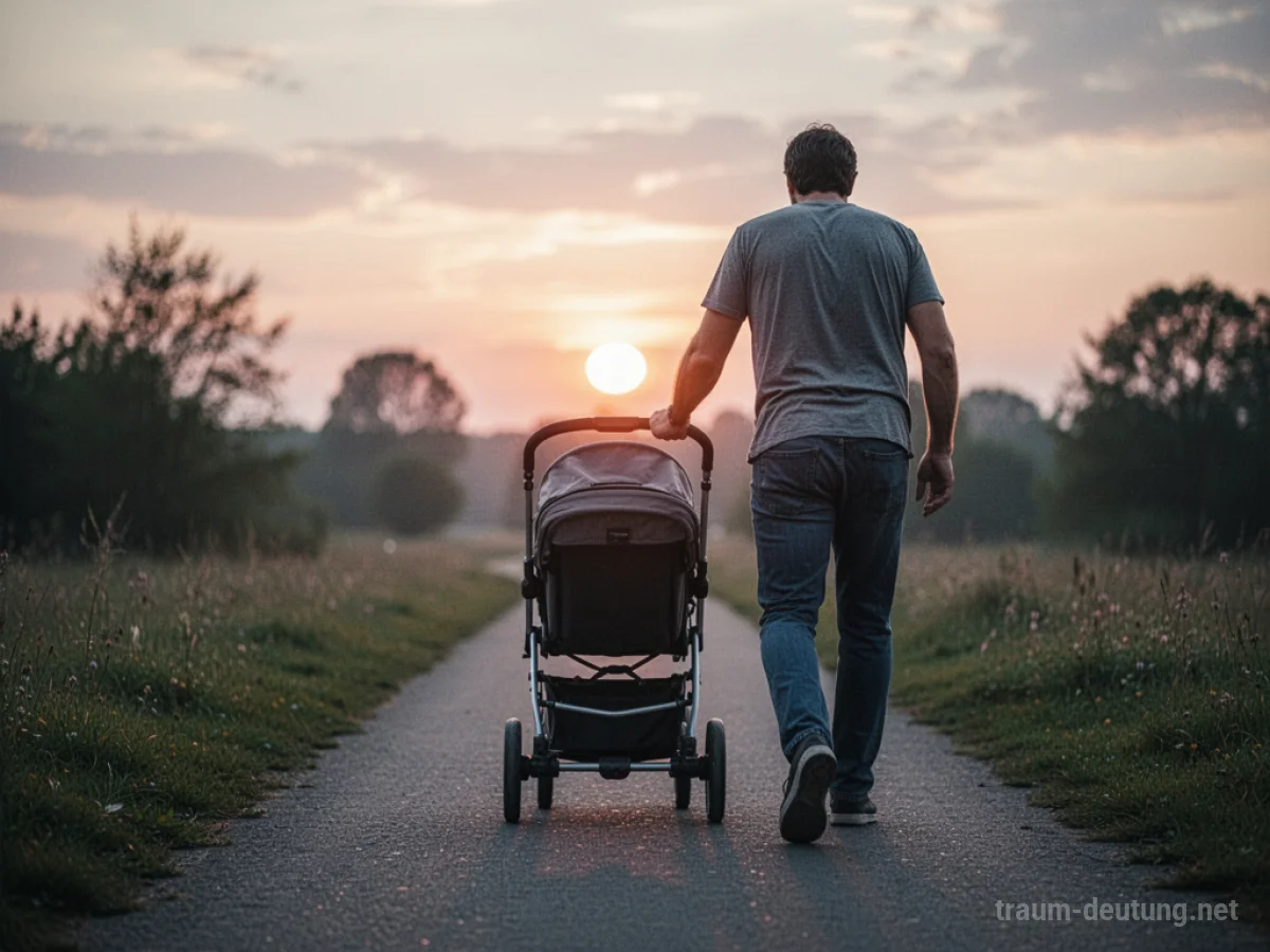 Ein leerer Kinderwagen wird von einer Person weg von der Kamera in Richtung Sonnenuntergang geschoben.