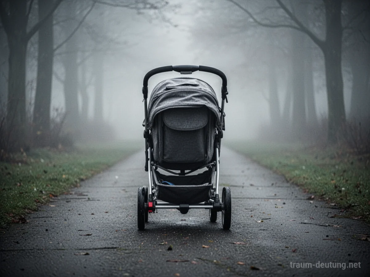 Ein leerer Kinderwagen rollt einen nebligen Weg entlang.
