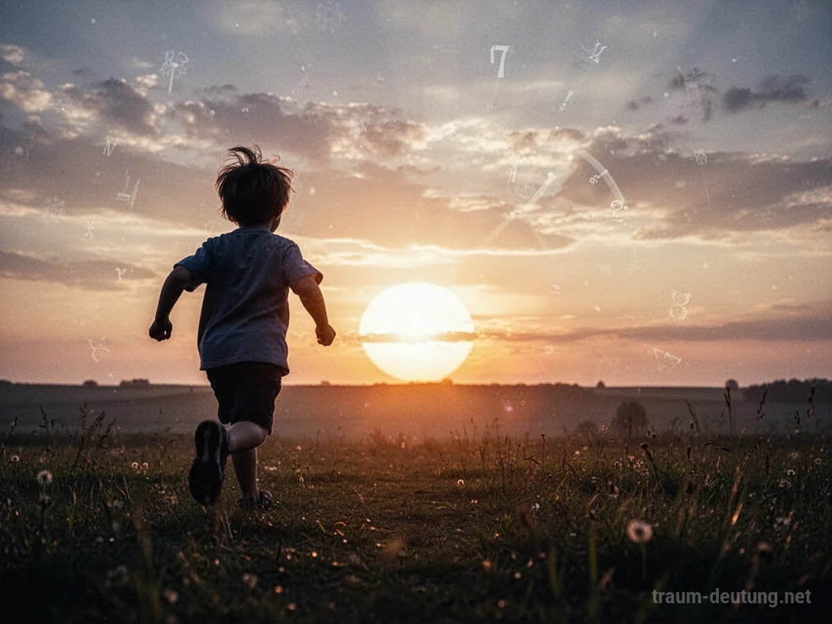 Kindersilhouette rennt vor schnell untergehender Sonne davon