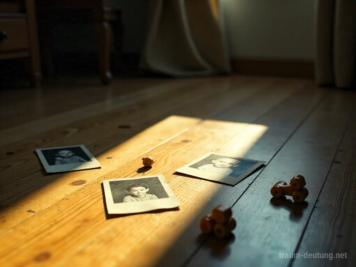 Verschwommene Fotos und Spielzeug aus der Kindheit liegen auf einem Holzboden.